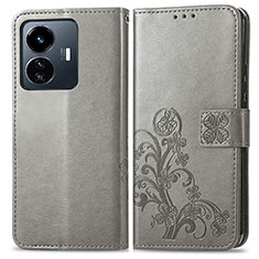 Custodia Portafoglio In Pelle Fiori Cover con Supporto per Vivo Y77 5G Grigio