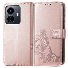 Custodia Portafoglio In Pelle Fiori Cover con Supporto per Vivo Y77 5G Rosa