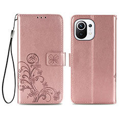 Custodia Portafoglio In Pelle Fiori Cover con Supporto per Xiaomi Mi 11 Lite 5G Rosa