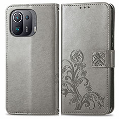 Custodia Portafoglio In Pelle Fiori Cover con Supporto per Xiaomi Mi 11 Pro 5G Grigio