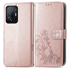 Custodia Portafoglio In Pelle Fiori Cover con Supporto per Xiaomi Mi 11T Pro 5G Rosa