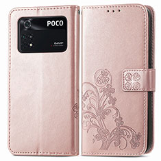 Custodia Portafoglio In Pelle Fiori Cover con Supporto per Xiaomi Poco M4 Pro 4G Rosa