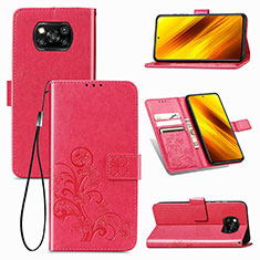 Custodia Portafoglio In Pelle Fiori Cover con Supporto per Xiaomi Poco X3 Pro Rosso