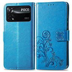 Custodia Portafoglio In Pelle Fiori Cover con Supporto per Xiaomi Poco X4 Pro 5G Blu