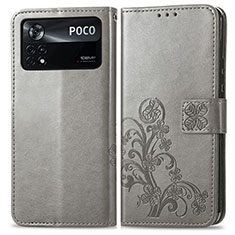 Custodia Portafoglio In Pelle Fiori Cover con Supporto per Xiaomi Poco X4 Pro 5G Grigio