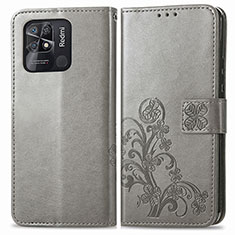 Custodia Portafoglio In Pelle Fiori Cover con Supporto per Xiaomi Redmi 10 India Grigio