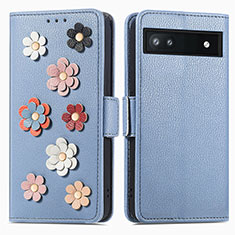 Custodia Portafoglio In Pelle Fiori Cover con Supporto S02D per Google Pixel 6a 5G Blu