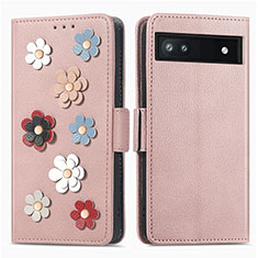 Custodia Portafoglio In Pelle Fiori Cover con Supporto S02D per Google Pixel 6a 5G Oro Rosa