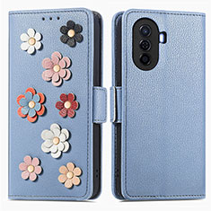 Custodia Portafoglio In Pelle Fiori Cover con Supporto S02D per Huawei Enjoy 50 Blu