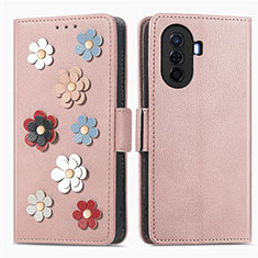 Custodia Portafoglio In Pelle Fiori Cover con Supporto S02D per Huawei Enjoy 50 Oro Rosa