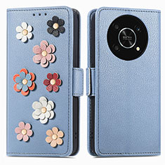 Custodia Portafoglio In Pelle Fiori Cover con Supporto S02D per Huawei Enjoy 50 Pro Blu