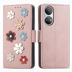 Custodia Portafoglio In Pelle Fiori Cover con Supporto S02D per Huawei Honor X7 Oro Rosa