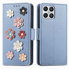 Custodia Portafoglio In Pelle Fiori Cover con Supporto S02D per Huawei Honor X8 4G Blu