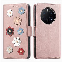 Custodia Portafoglio In Pelle Fiori Cover con Supporto S02D per Huawei Mate 50 Pro Oro Rosa