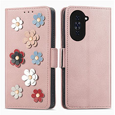 Custodia Portafoglio In Pelle Fiori Cover con Supporto S02D per Huawei Nova 10 Pro Oro Rosa