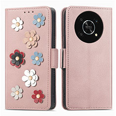 Custodia Portafoglio In Pelle Fiori Cover con Supporto S02D per Huawei Nova Y90 Oro Rosa