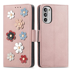 Custodia Portafoglio In Pelle Fiori Cover con Supporto S02D per Motorola Moto Edge (2022) 5G Oro Rosa