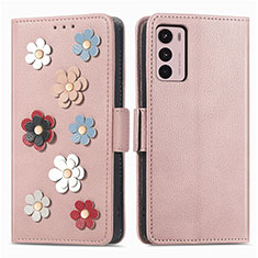 Custodia Portafoglio In Pelle Fiori Cover con Supporto S02D per Motorola Moto G42 Oro Rosa