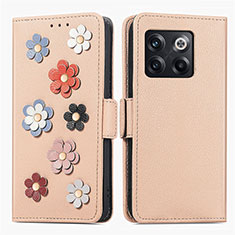 Custodia Portafoglio In Pelle Fiori Cover con Supporto S02D per OnePlus 10T 5G Khaki