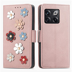 Custodia Portafoglio In Pelle Fiori Cover con Supporto S02D per OnePlus 10T 5G Oro Rosa