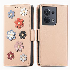 Custodia Portafoglio In Pelle Fiori Cover con Supporto S02D per Oppo Reno8 5G Khaki