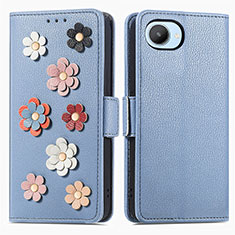 Custodia Portafoglio In Pelle Fiori Cover con Supporto S02D per Realme C30 Blu