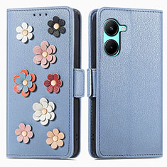 Custodia Portafoglio In Pelle Fiori Cover con Supporto S02D per Realme C33 (2023) Blu