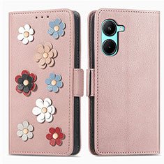 Custodia Portafoglio In Pelle Fiori Cover con Supporto S02D per Realme C33 Oro Rosa