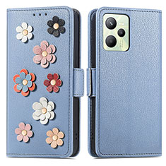 Custodia Portafoglio In Pelle Fiori Cover con Supporto S02D per Realme Narzo 50A Prime Blu