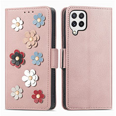 Custodia Portafoglio In Pelle Fiori Cover con Supporto S02D per Samsung Galaxy A22 4G Oro Rosa