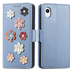 Custodia Portafoglio In Pelle Fiori Cover con Supporto S02D per Samsung Galaxy A22 5G SC-56B Blu