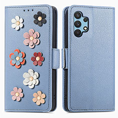 Custodia Portafoglio In Pelle Fiori Cover con Supporto S02D per Samsung Galaxy A32 4G Blu