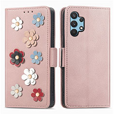 Custodia Portafoglio In Pelle Fiori Cover con Supporto S02D per Samsung Galaxy A32 5G Oro Rosa