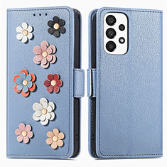 Custodia Portafoglio In Pelle Fiori Cover con Supporto S02D per Samsung Galaxy A33 5G Blu