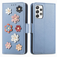 Custodia Portafoglio In Pelle Fiori Cover con Supporto S02D per Samsung Galaxy A52 4G Blu