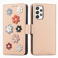 Custodia Portafoglio In Pelle Fiori Cover con Supporto S02D per Samsung Galaxy A52 4G Khaki