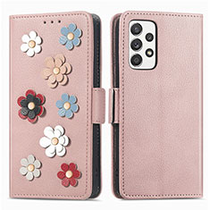 Custodia Portafoglio In Pelle Fiori Cover con Supporto S02D per Samsung Galaxy A52 4G Oro Rosa