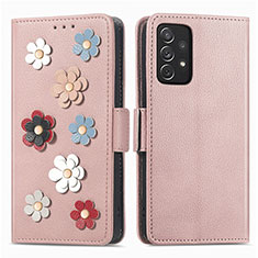 Custodia Portafoglio In Pelle Fiori Cover con Supporto S02D per Samsung Galaxy A72 4G Oro Rosa