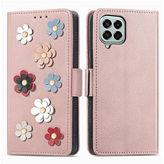 Custodia Portafoglio In Pelle Fiori Cover con Supporto S02D per Samsung Galaxy M33 5G Oro Rosa