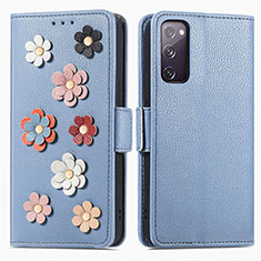 Custodia Portafoglio In Pelle Fiori Cover con Supporto S02D per Samsung Galaxy S20 FE 5G Blu