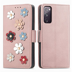 Custodia Portafoglio In Pelle Fiori Cover con Supporto S02D per Samsung Galaxy S20 FE 5G Oro Rosa