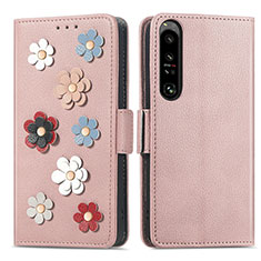 Custodia Portafoglio In Pelle Fiori Cover con Supporto S02D per Sony Xperia 1 IV Oro Rosa