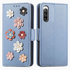 Custodia Portafoglio In Pelle Fiori Cover con Supporto S02D per Sony Xperia 10 IV Blu