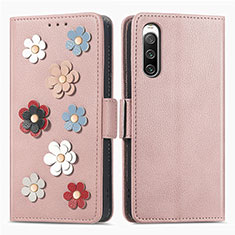 Custodia Portafoglio In Pelle Fiori Cover con Supporto S02D per Sony Xperia 10 IV SOG07 Oro Rosa