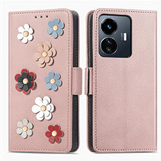 Custodia Portafoglio In Pelle Fiori Cover con Supporto S02D per Vivo iQOO Z6 Lite 5G Oro Rosa