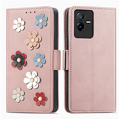 Custodia Portafoglio In Pelle Fiori Cover con Supporto S02D per Vivo iQOO Z6x Oro Rosa