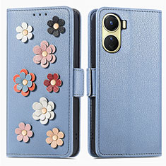 Custodia Portafoglio In Pelle Fiori Cover con Supporto S02D per Vivo Y16 Blu