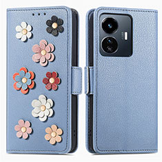 Custodia Portafoglio In Pelle Fiori Cover con Supporto S02D per Vivo Y77e t1 Blu