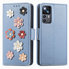 Custodia Portafoglio In Pelle Fiori Cover con Supporto S02D per Xiaomi Mi 12T 5G Blu