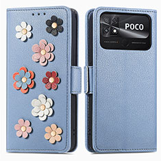 Custodia Portafoglio In Pelle Fiori Cover con Supporto S02D per Xiaomi Poco C40 Blu